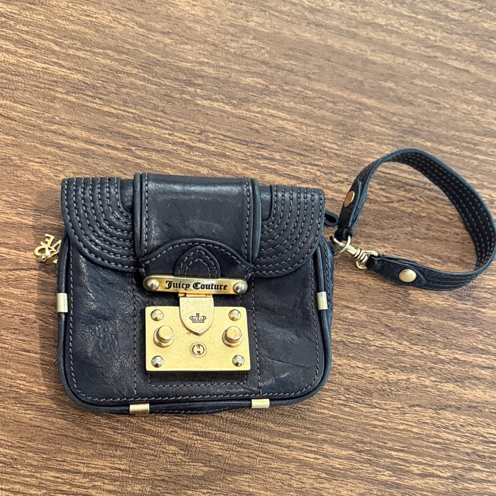 Juicy Couture Black Leather Wristlet with Gold Accents